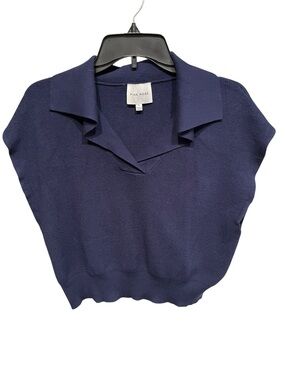 Pink Rose Navy Blue Collared Sweater Short Sleeve Top - Large